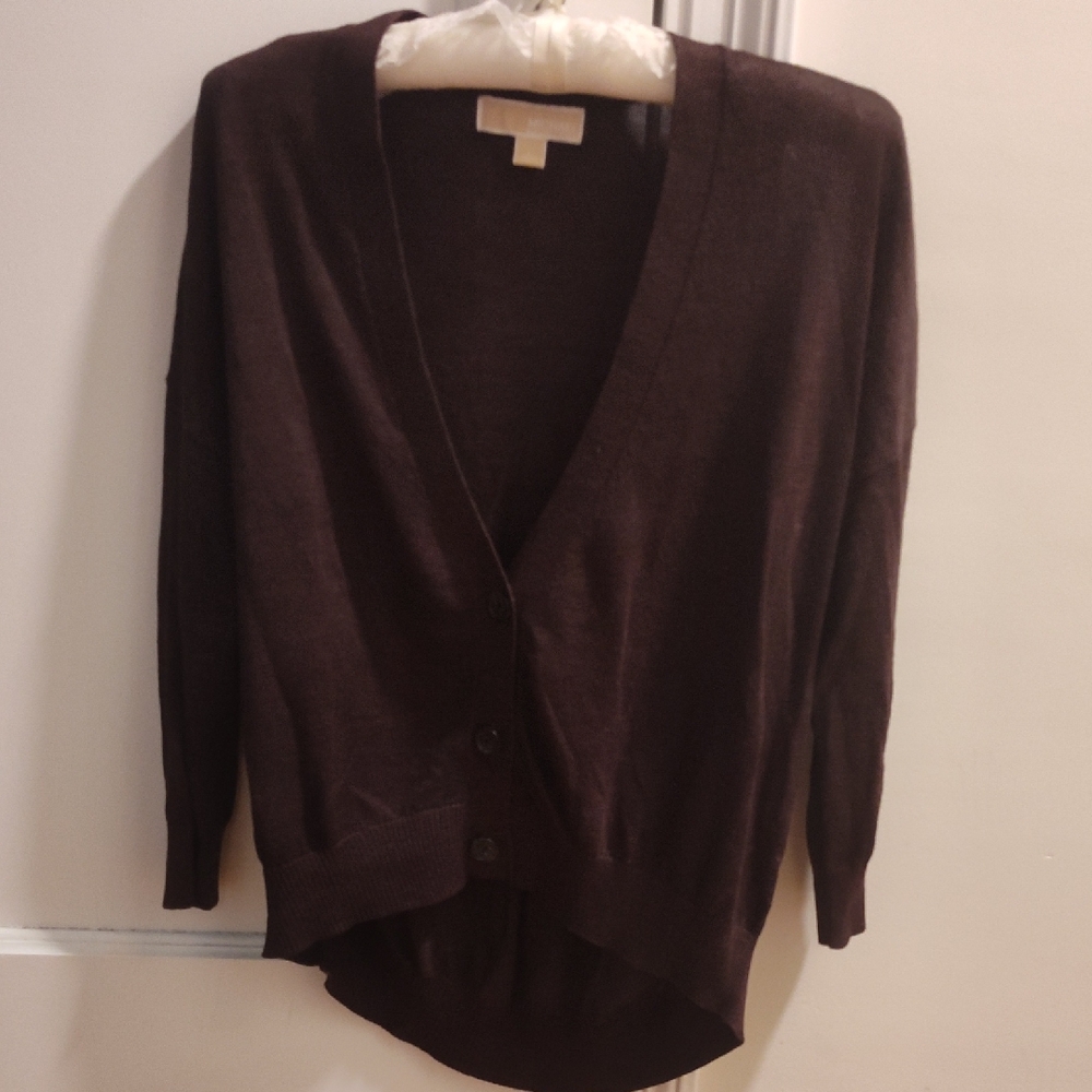 Michael Kors Dark Brown High/Low V-Neck Cardigan Sweater
